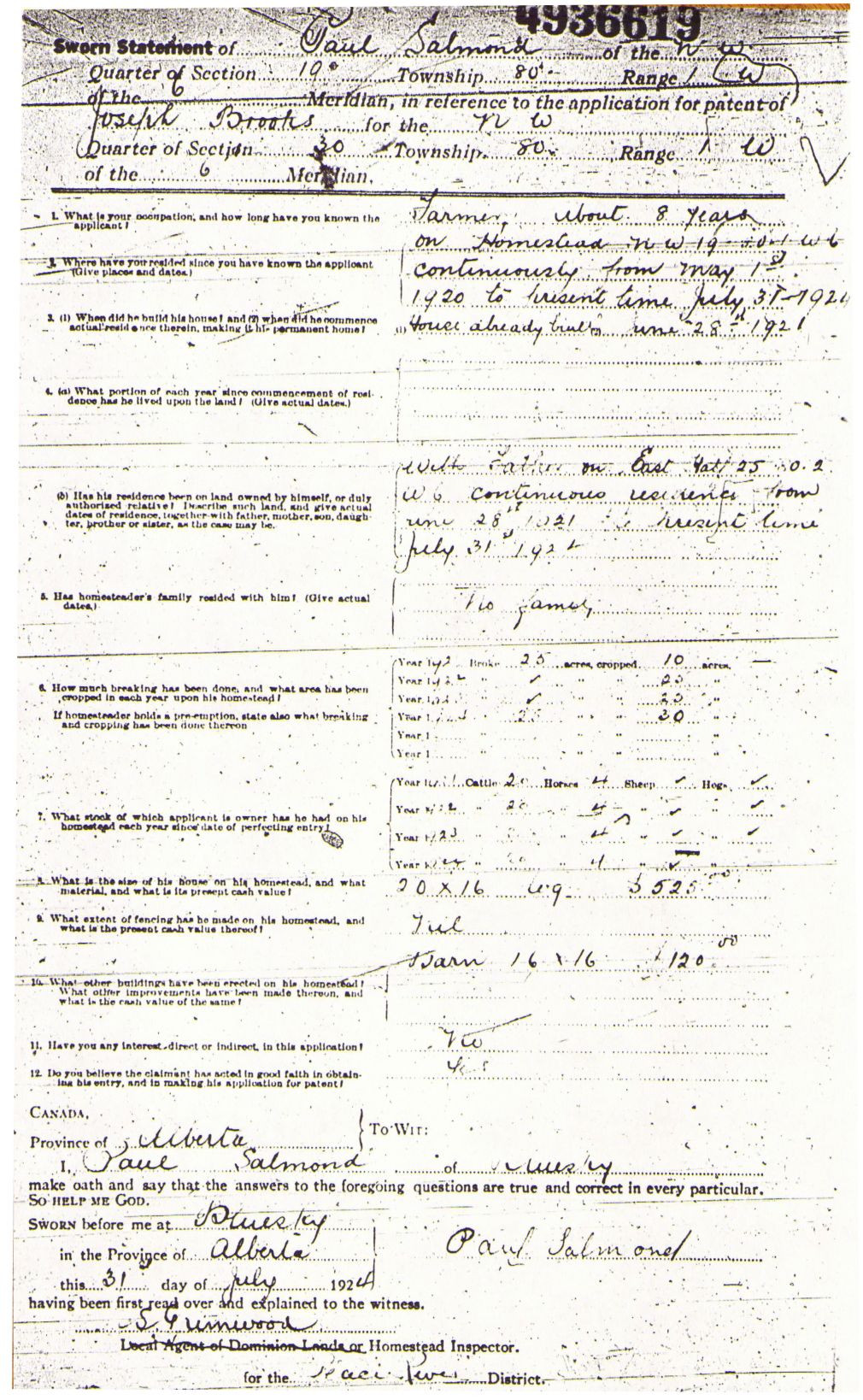 Provincial Archives of Alberta File 3168678 - Joseph Brooks  -Paul Salmond Supporting Statement 